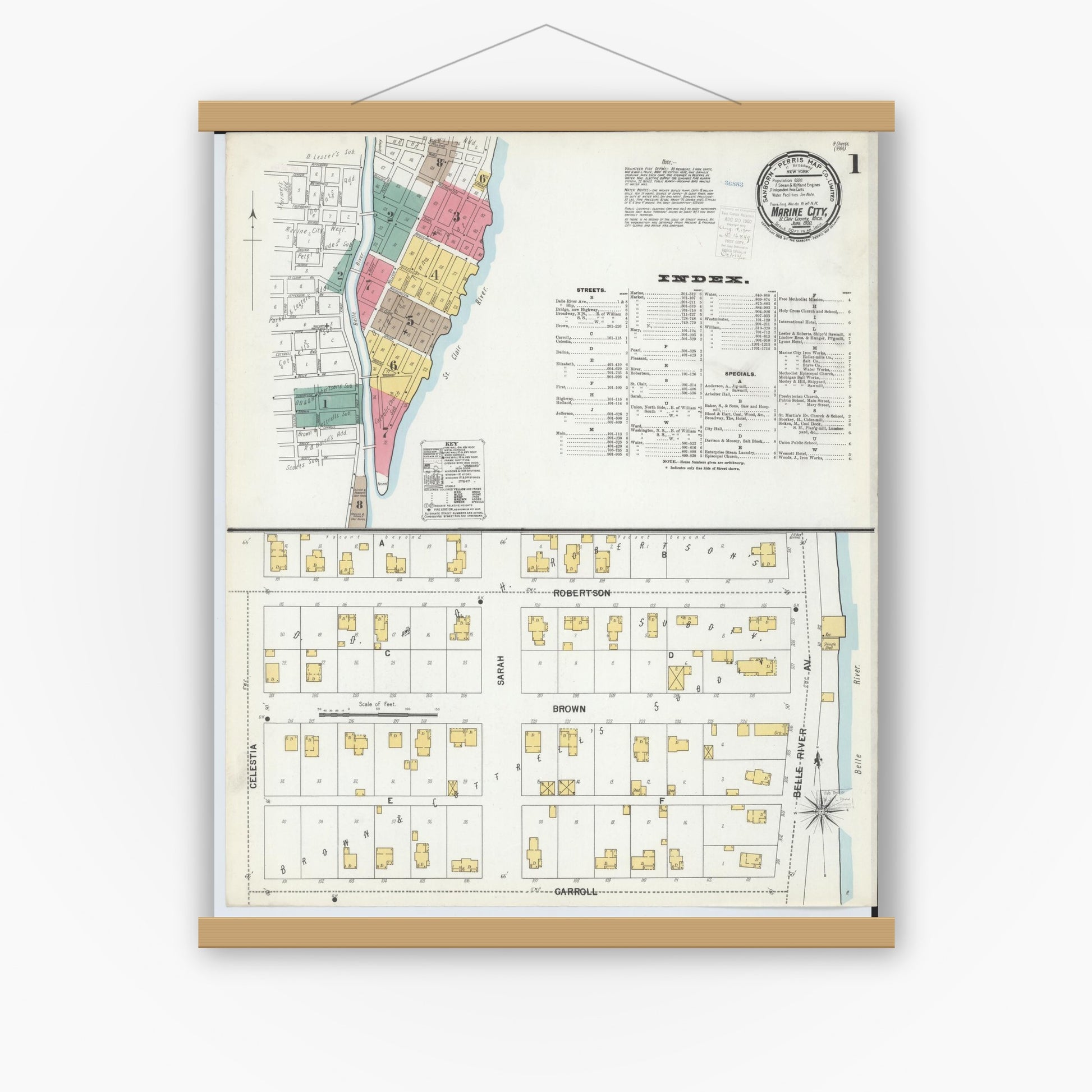 Old map wall art mockup — magnetic wood frame on white wall — Sanborn Fire Insurance Map from Marine City, Saint Clair County, Michigan (1900) - Complete Map Set