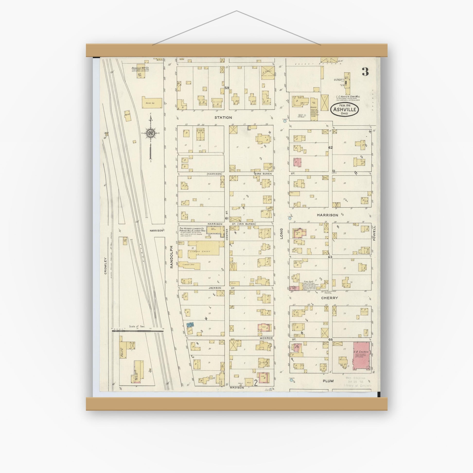 Old map wall art mockup — magnetic wood frame on white wall — Sanborn Fire Insurance Map from Ashville, Pickaway County, Ohio (1916), Sheet #0003