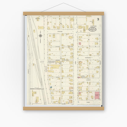 Old map wall art mockup — magnetic wood frame on white wall — Sanborn Fire Insurance Map from Ashville, Pickaway County, Ohio (1916), Sheet #0003