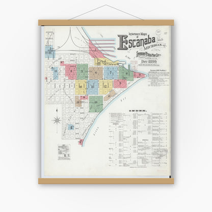 Old map wall art mockup — magnetic wood frame on white wall — Sanborn Fire Insurance Map from Escanaba, Delta County, Michigan (1899) - Complete Map Set