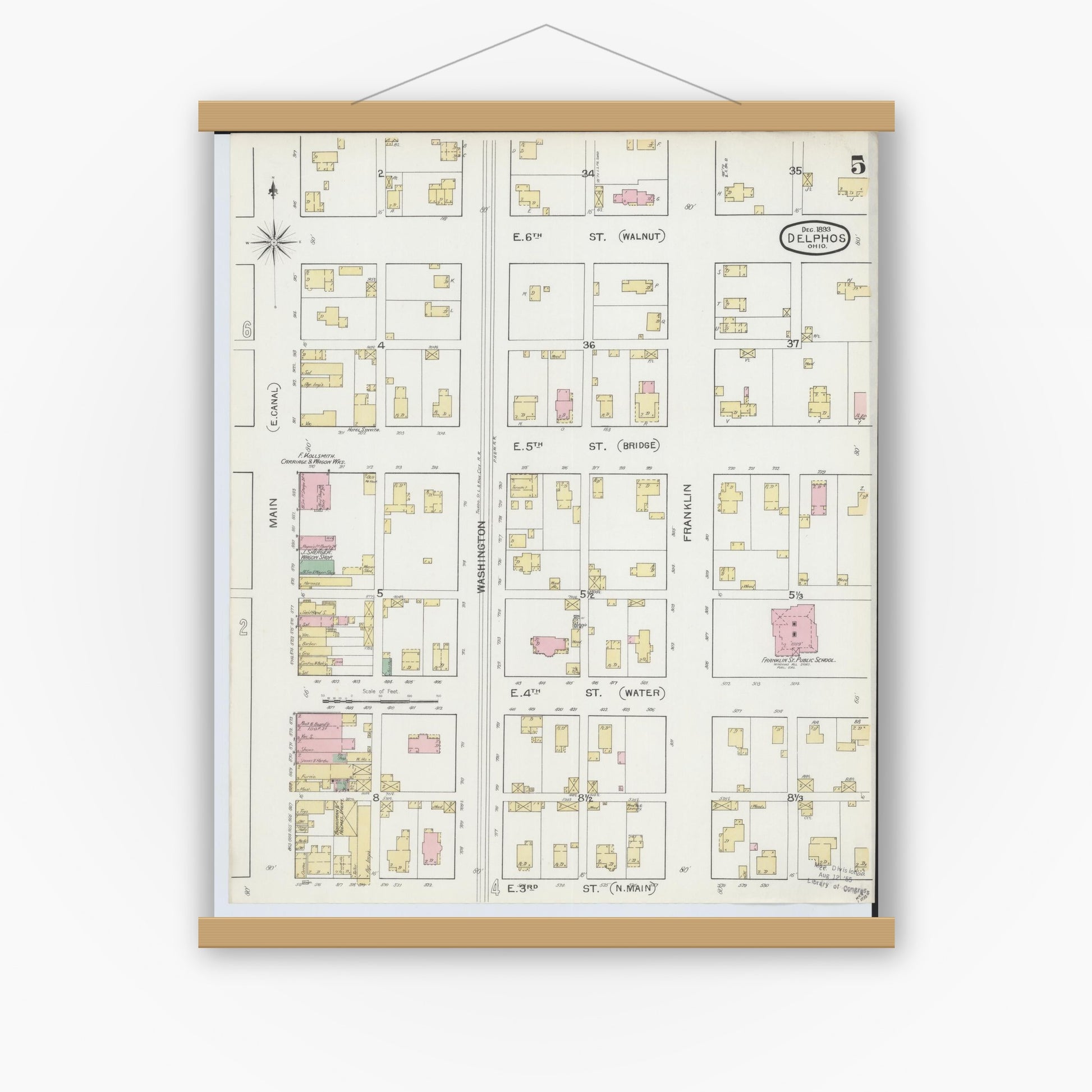 Old map wall art mockup — magnetic wood frame on white wall — Sanborn Fire Insurance Map from Delphos, Van Wert And Allen Counties, Ohio (1892), Sheet #0005