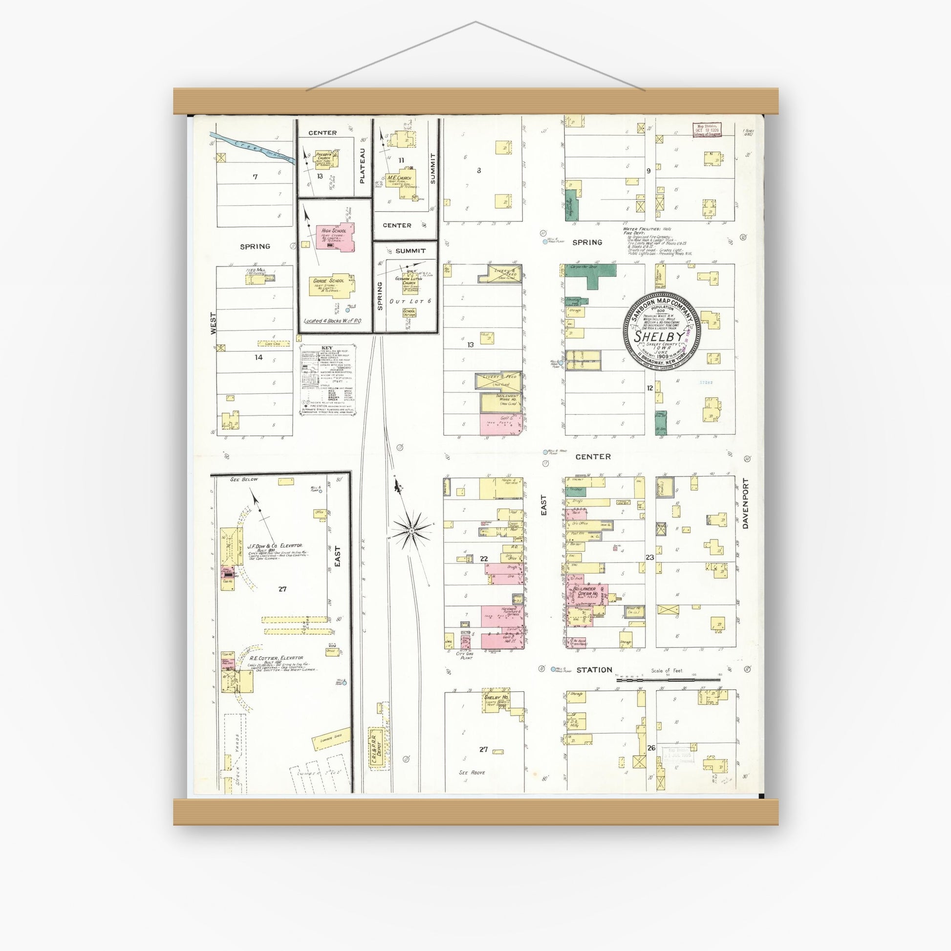 Old map wall art mockup — magnetic wood frame on white wall — Sanborn Fire Insurance Map from Shelby, Shelby County, Iowa (1909), Sheet #0001
