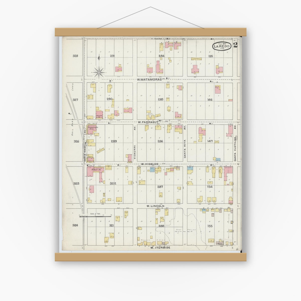 Old map wall art mockup — magnetic wood frame on white wall — Sanborn Fire Insurance Map from Laredo, Webb County, Texas (1894), Sheet #0002