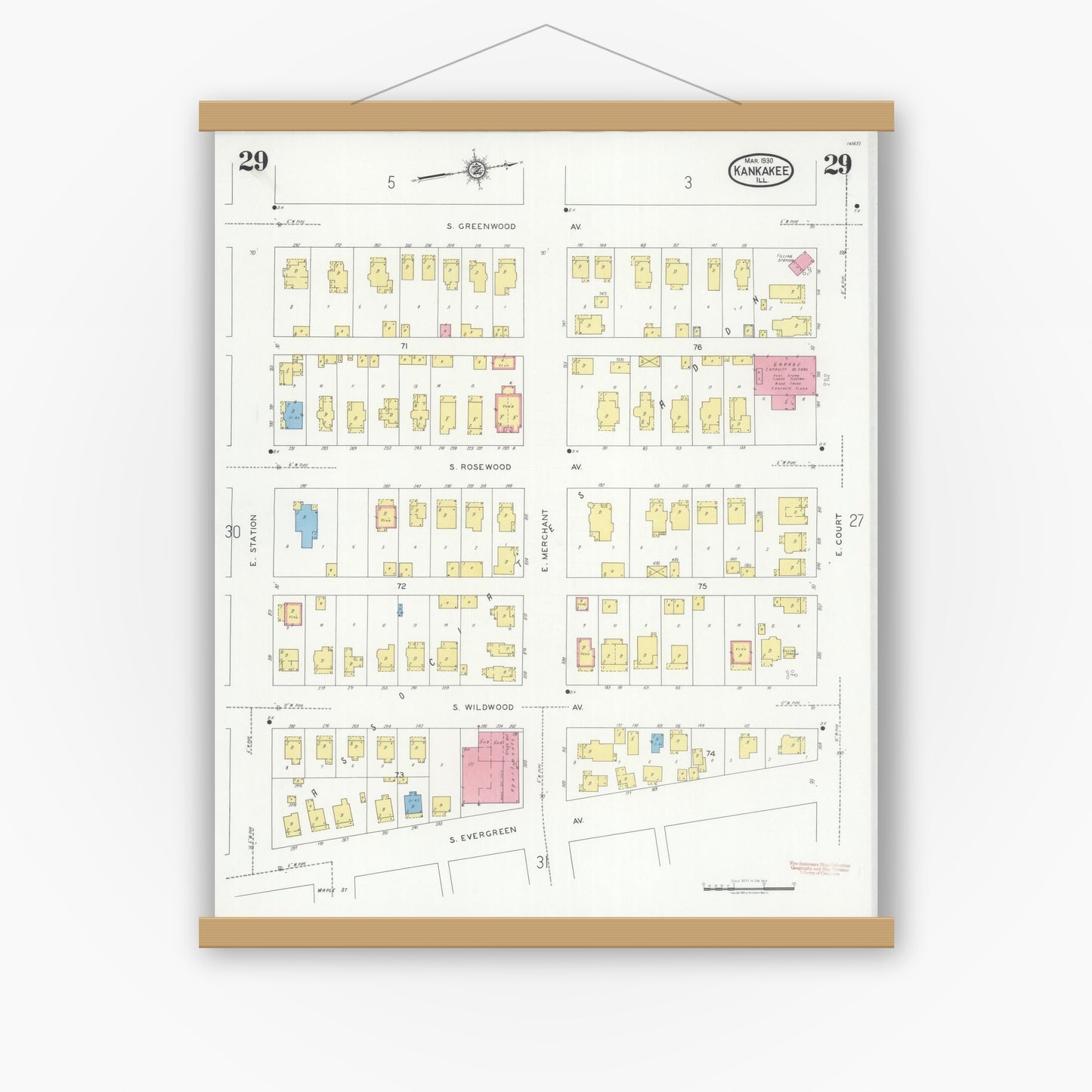Old map wall art mockup — magnetic wood frame on white wall — Sanborn Fire Insurance Map from Kankakee, Kankakee County, Illinois (1930), Sheet #0029