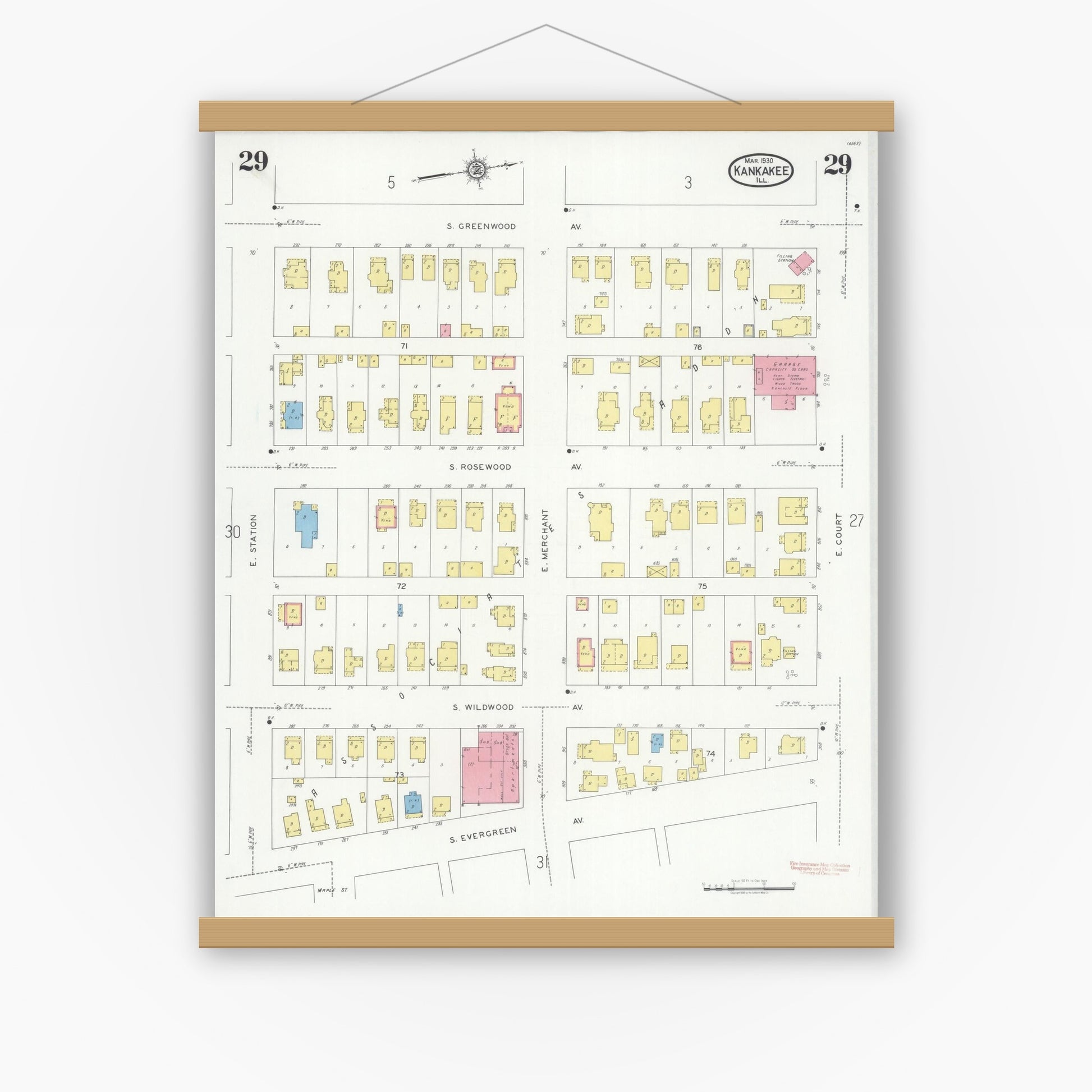 Old map wall art mockup — magnetic wood frame on white wall — Sanborn Fire Insurance Map from Kankakee, Kankakee County, Illinois (1930), Sheet #0029