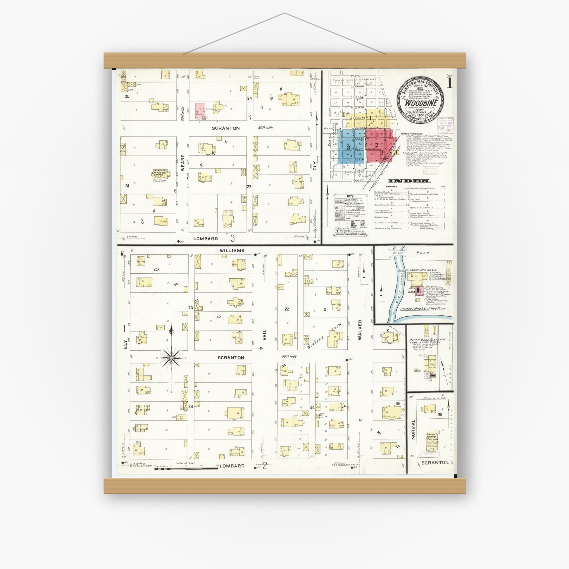 Old map wall art mockup — magnetic wood frame on white wall — Sanborn Fire Insurance Map from Woodbine, Harrison County, Iowa (1908) â€” Complete Set