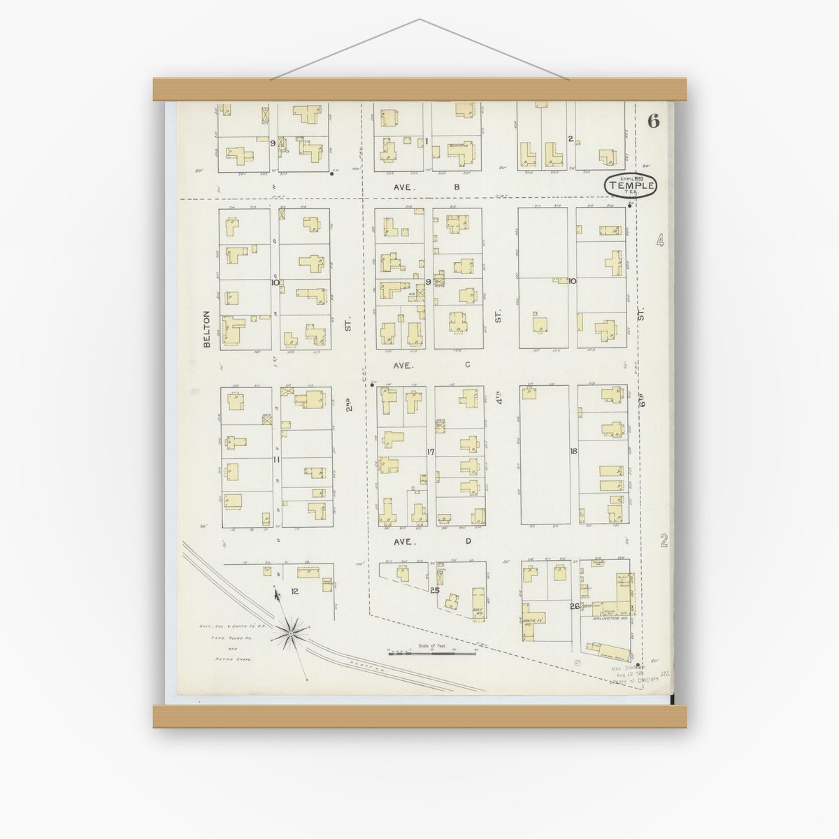 Old map wall art mockup — magnetic wood frame on white wall — Sanborn Fire Insurance Map from Temple, Bell County, Texas (1893), Sheet #0006