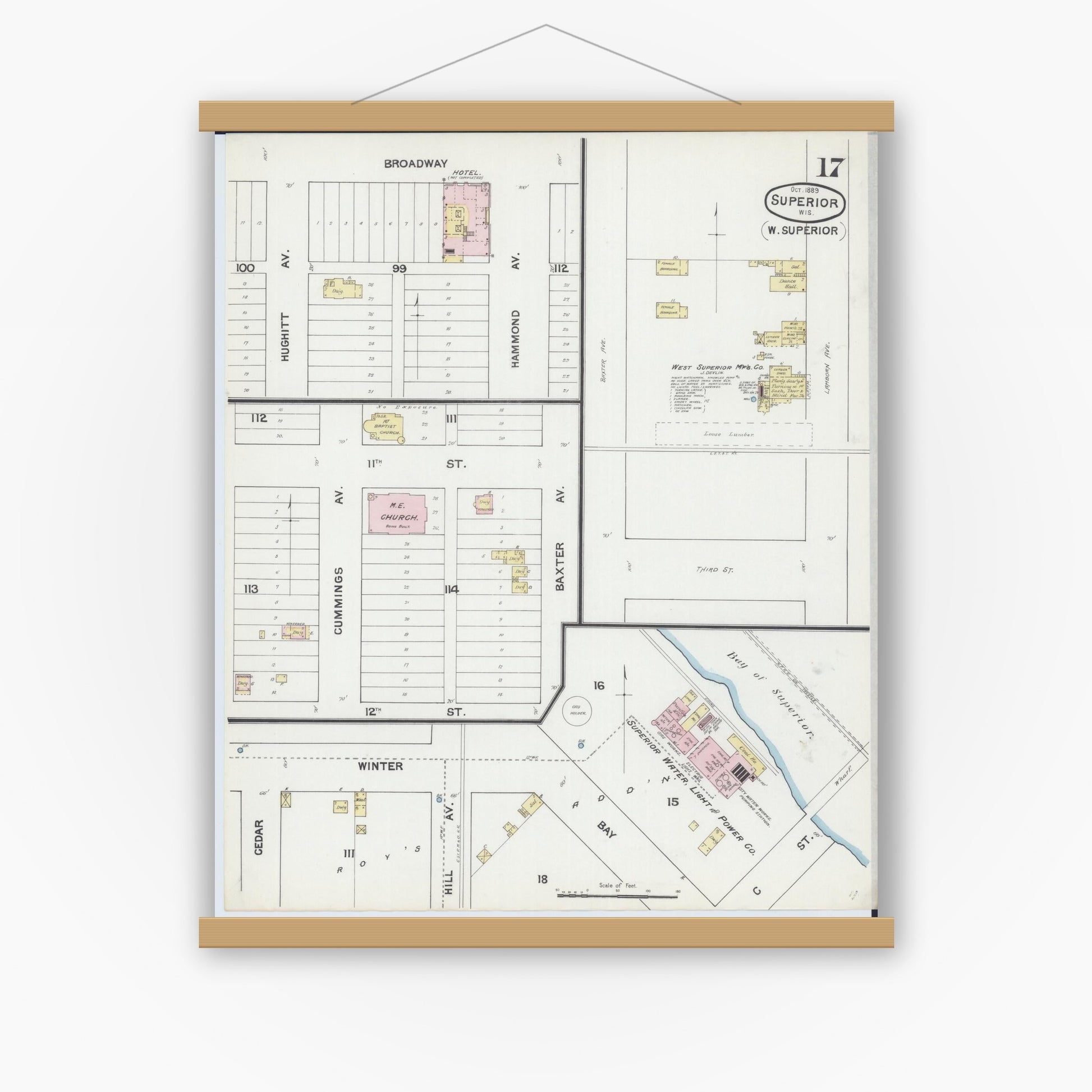 Old map wall art mockup — magnetic wood frame on white wall — Sanborn Fire Insurance Map from Superior, Douglas County, Wisconsin (1889), Sheet #0017