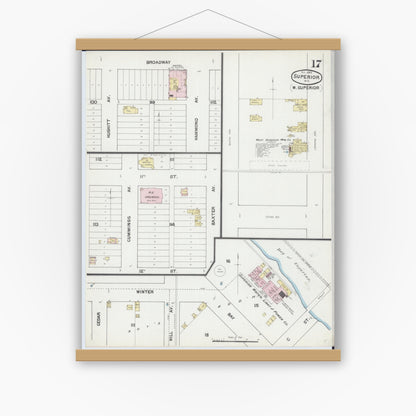 Old map wall art mockup — magnetic wood frame on white wall — Sanborn Fire Insurance Map from Superior, Douglas County, Wisconsin (1889), Sheet #0017