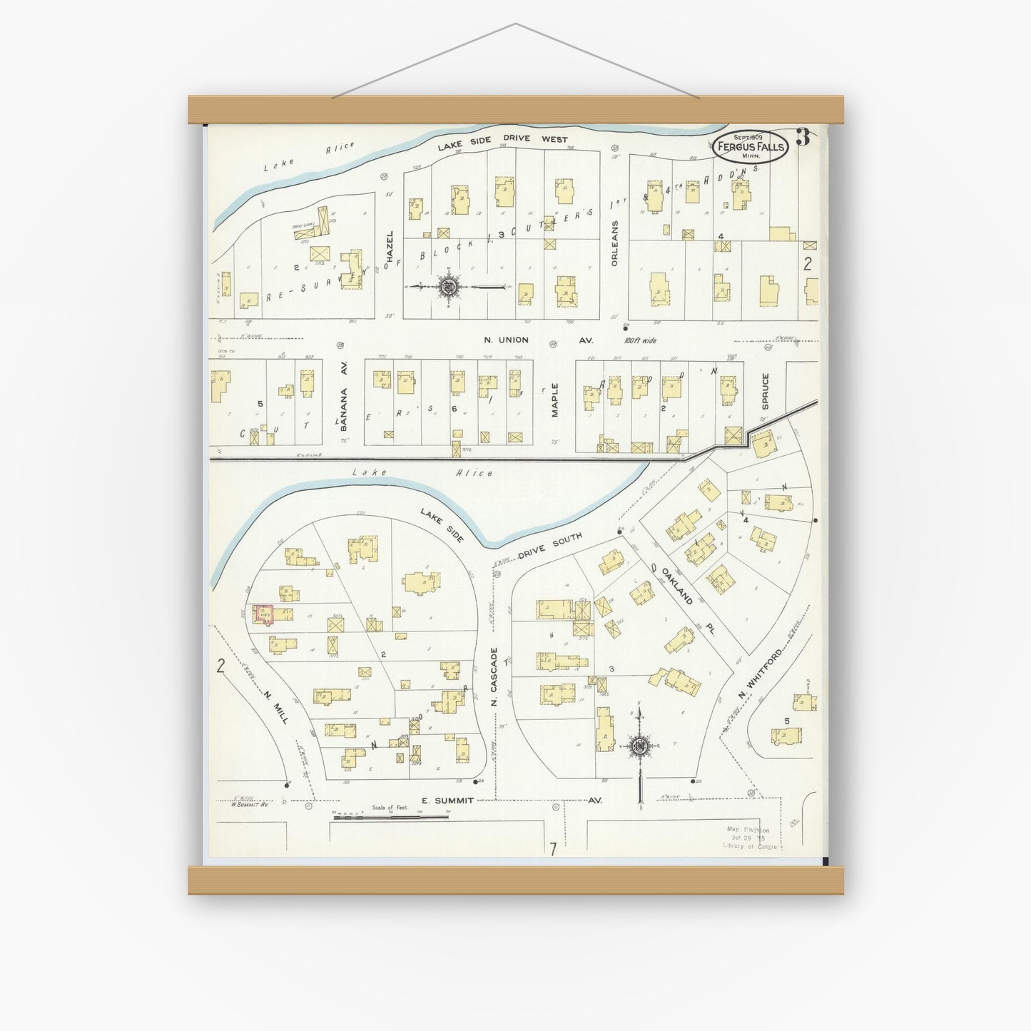 Old map wall art mockup — magnetic wood frame on white wall — Sanborn Fire Insurance Map from Fergus Falls, Otter Tail County, Minnesota (1909), Sheet #0003