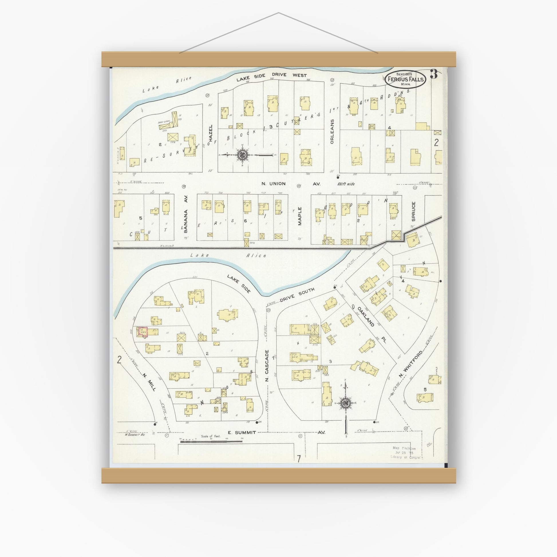 Old map wall art mockup — magnetic wood frame on white wall — Sanborn Fire Insurance Map from Fergus Falls, Otter Tail County, Minnesota (1909), Sheet #0003