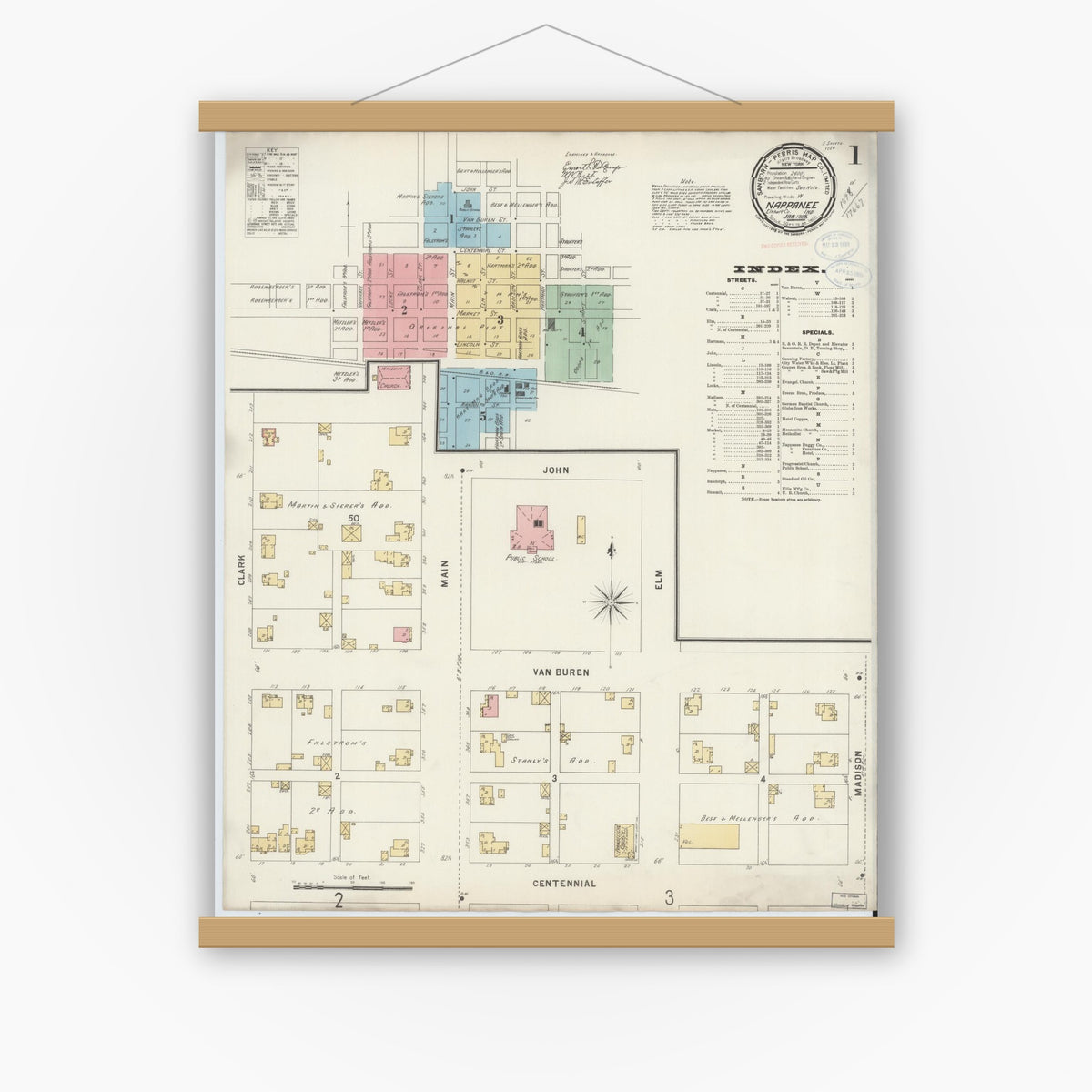 Old map wall art mockup — magnetic wood frame on white wall — Sanborn Fire Insurance Map from Nappanee, Elkhart County, Indiana (1898) - Complete Map Set