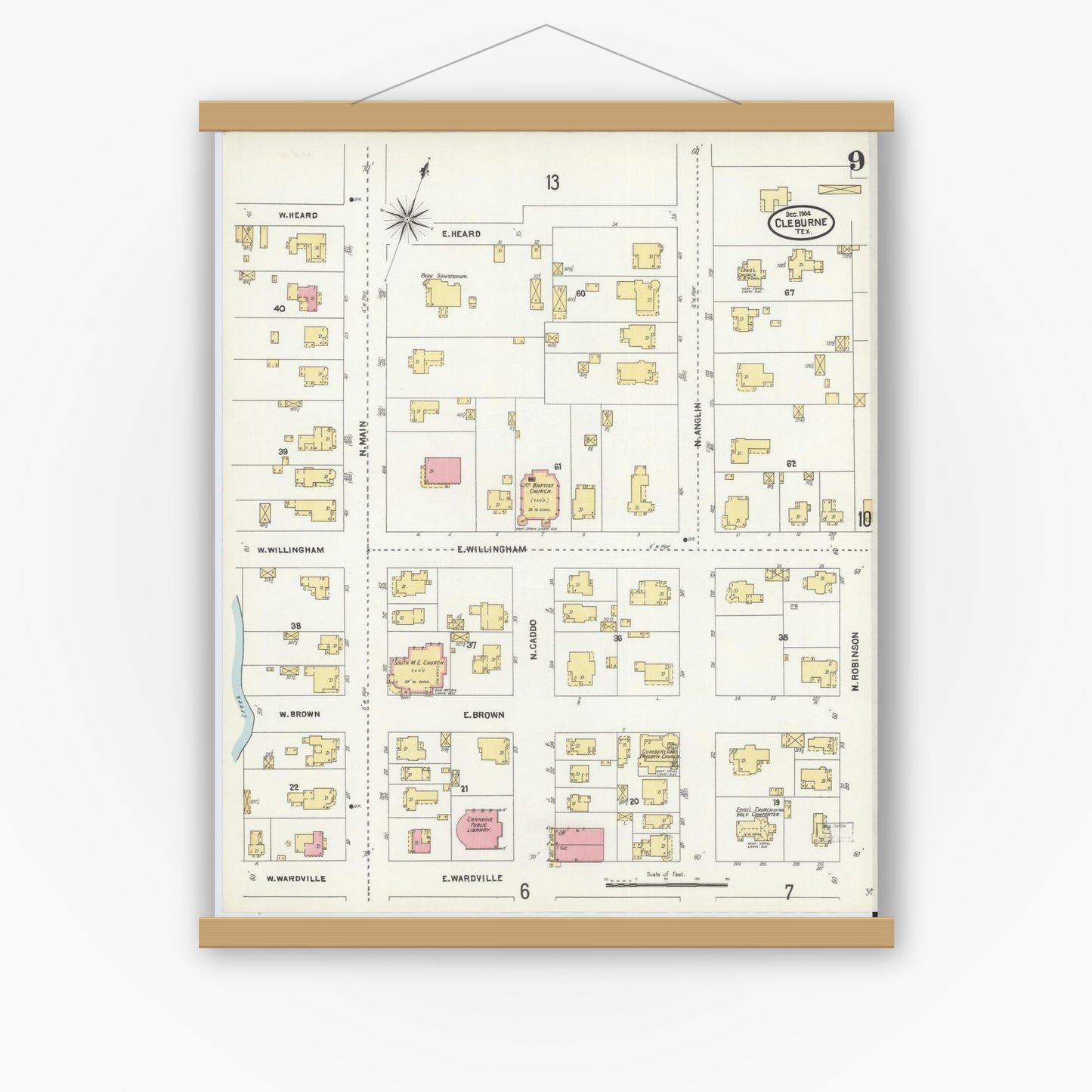 Old map wall art mockup — magnetic wood frame on white wall — Sanborn Fire Insurance Map from Cleburne, Johnson County, Texas (1904), Sheet #0009