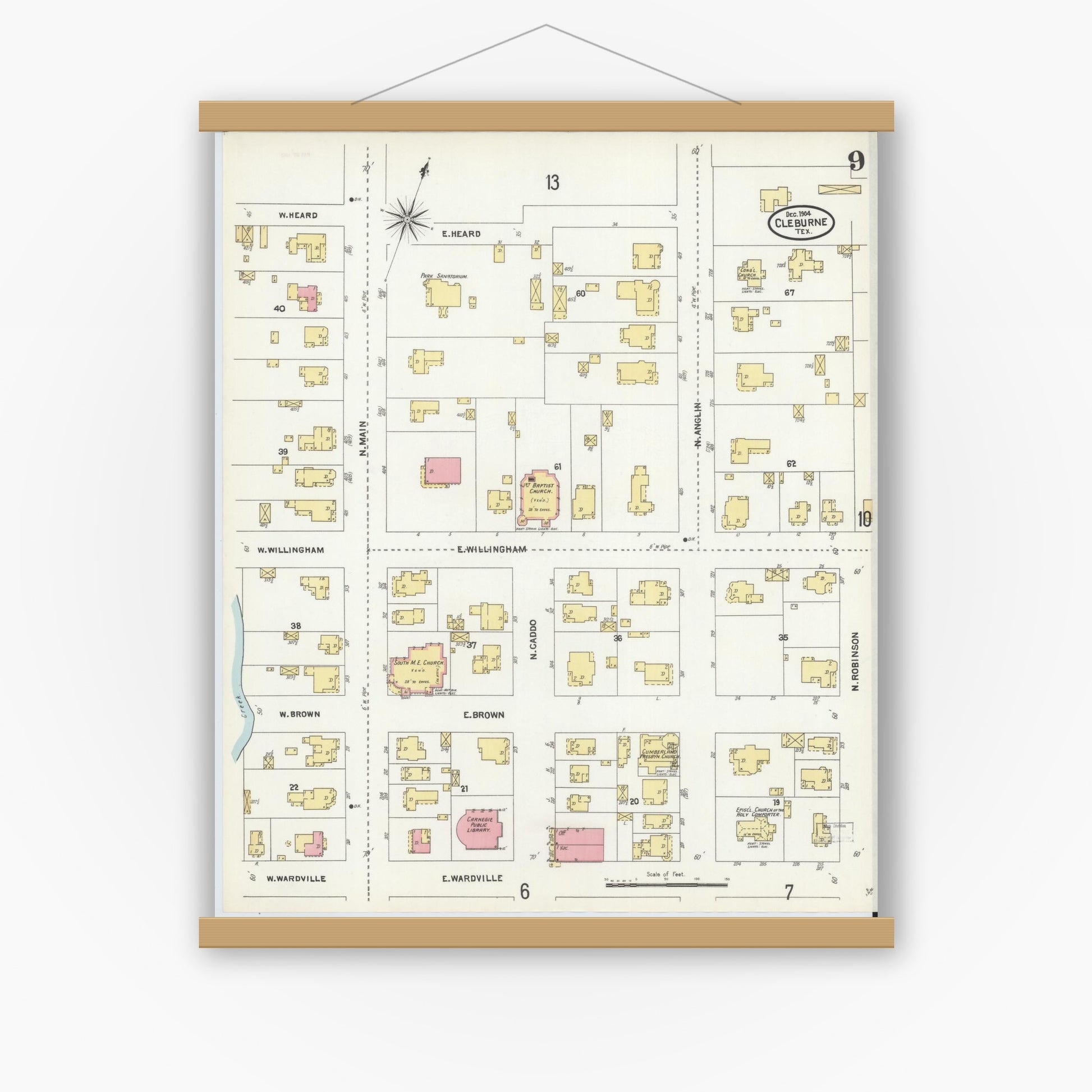 Old map wall art mockup — magnetic wood frame on white wall — Sanborn Fire Insurance Map from Cleburne, Johnson County, Texas (1904), Sheet #0009