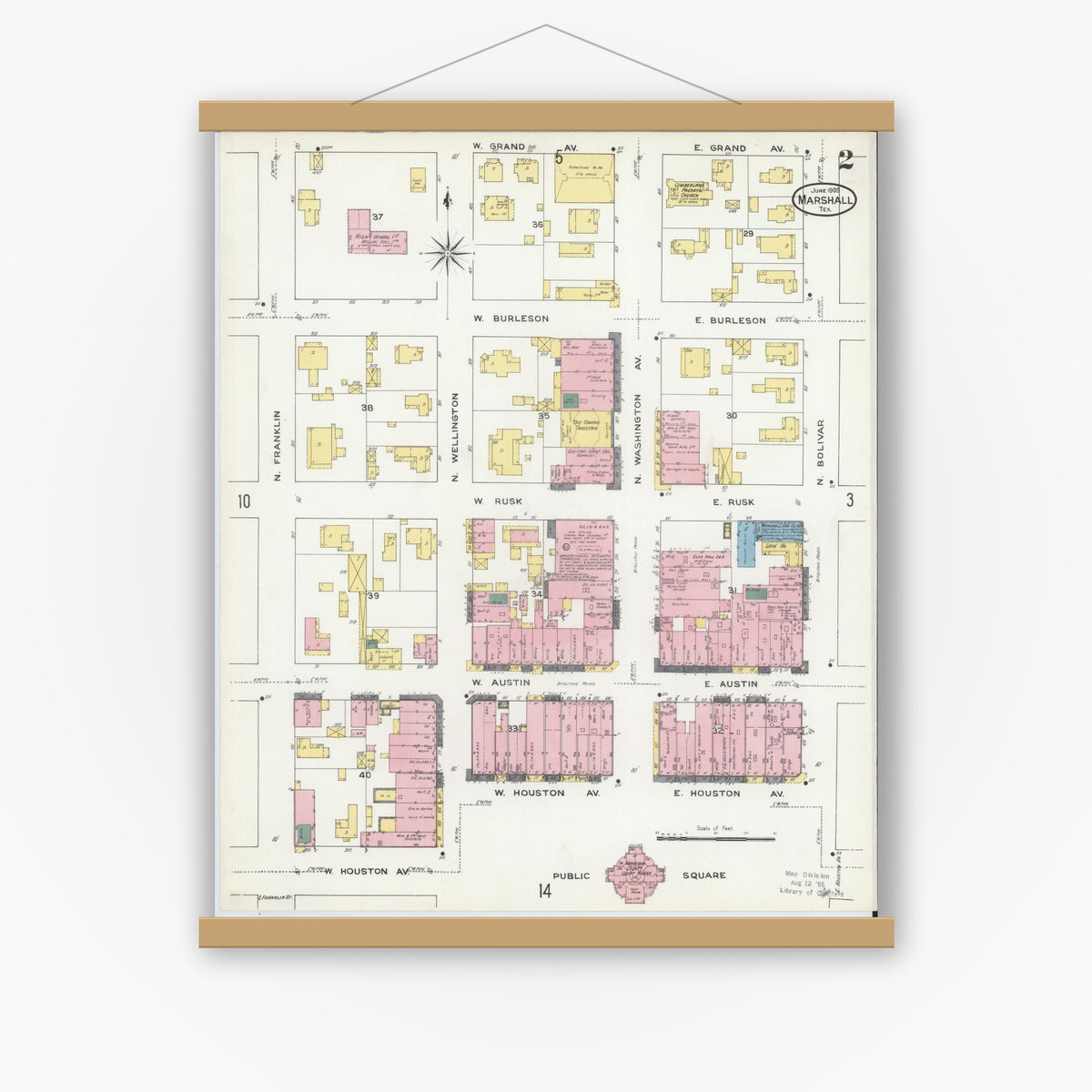 Old map wall art mockup — magnetic wood frame on white wall — Sanborn Fire Insurance Map from Marshall, Harrison County, Texas (1909), Sheet #0002