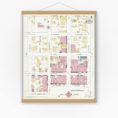 Old map wall art mockup — magnetic wood frame on white wall — Sanborn Fire Insurance Map from Marshall, Harrison County, Texas (1909), Sheet #0002