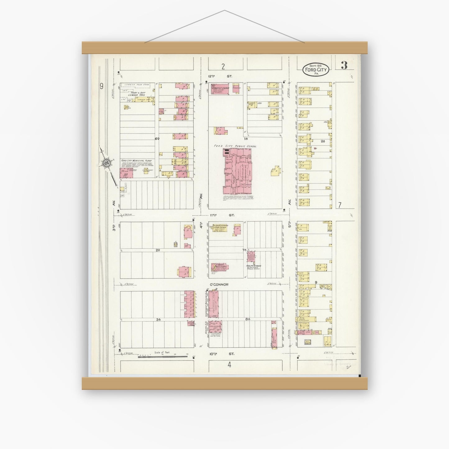 Old map wall art mockup — magnetic wood frame on white wall — Sanborn Fire Insurance Map from Ford City, Armstrong County, Pennsylvania (1913), Sheet #0003