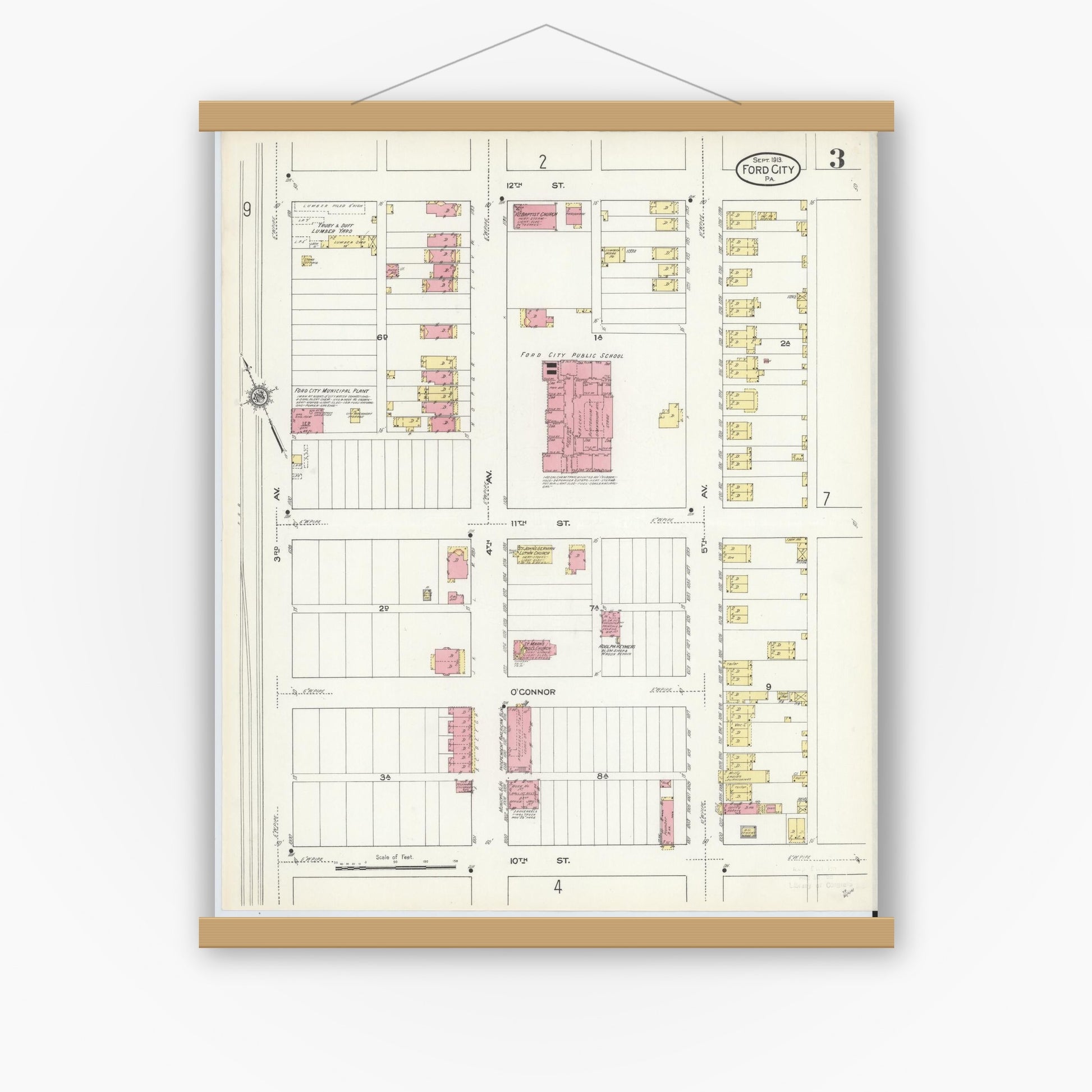 Old map wall art mockup — magnetic wood frame on white wall — Sanborn Fire Insurance Map from Ford City, Armstrong County, Pennsylvania (1913), Sheet #0003