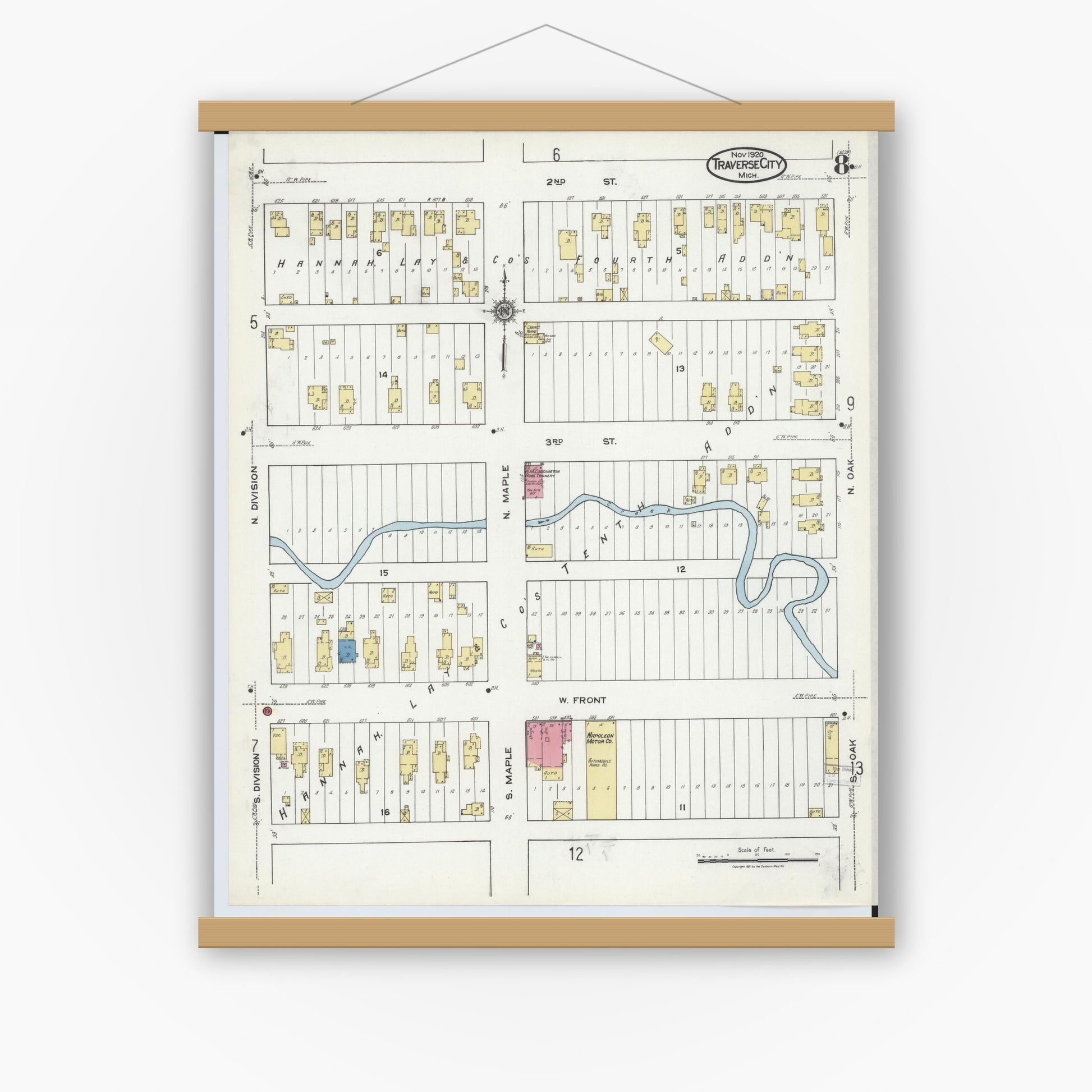 Old map wall art mockup — magnetic wood frame on white wall — Sanborn Fire Insurance Map from Traverse City, Grand Traverse County, Michigan (1920), Sheet #0008