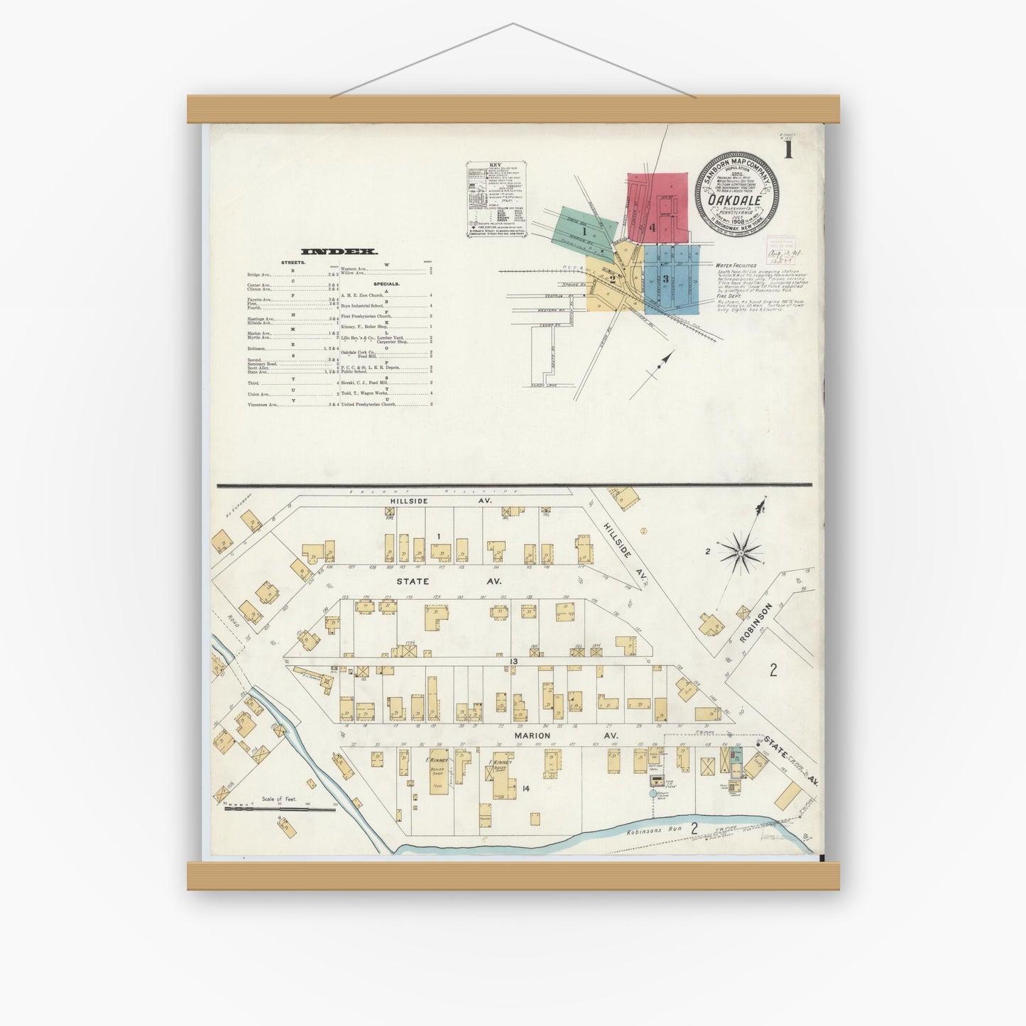 Old map wall art mockup — magnetic wood frame on white wall — Sanborn Fire Insurance Map from Oakdale, Allegheny County, Pennsylvania (1908), Sheet #0001