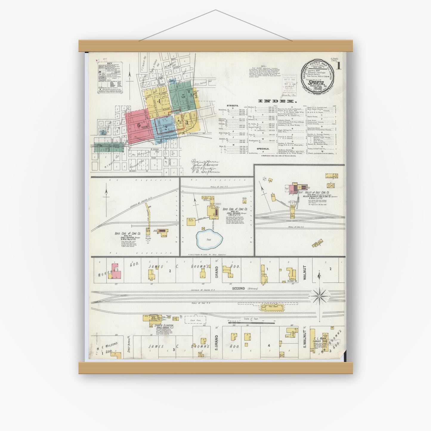 Old map wall art mockup — magnetic wood frame on white wall — Sanborn Fire Insurance Map from Sparta, Randolph County, Illinois (1900) - Complete Map Set
