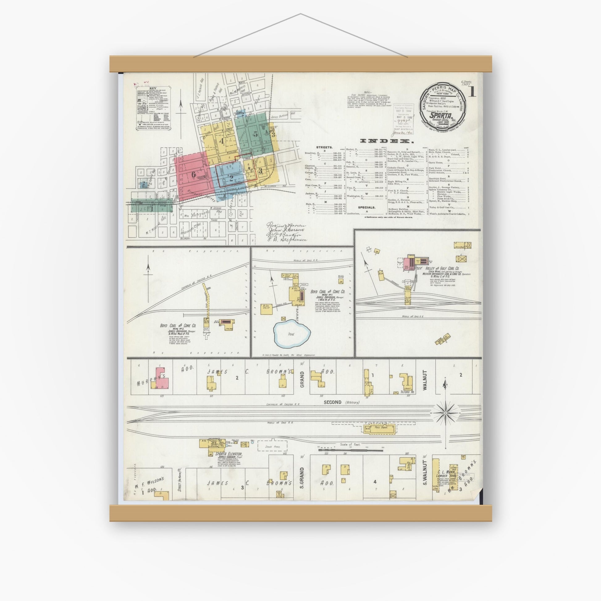 Old map wall art mockup — magnetic wood frame on white wall — Sanborn Fire Insurance Map from Sparta, Randolph County, Illinois (1900) - Complete Map Set