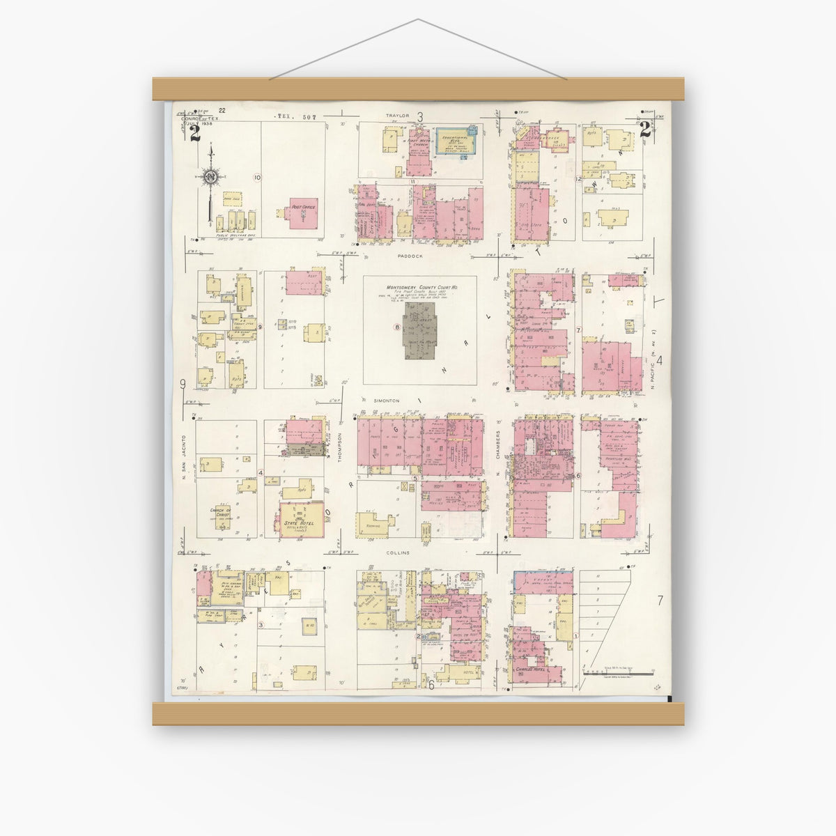 Old map wall art mockup — magnetic wood frame on white wall — Sanborn Fire Insurance Map from Conroe, Montgomery County, Texas (1943), Sheet #0002