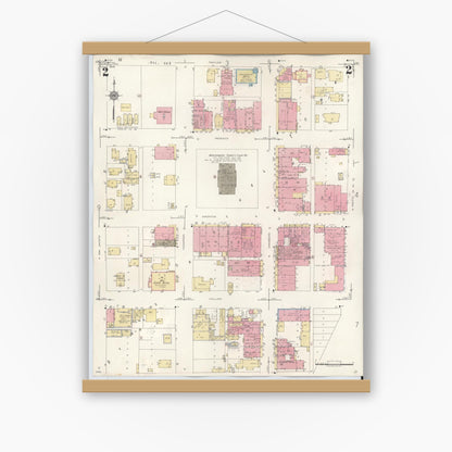 Old map wall art mockup — magnetic wood frame on white wall — Sanborn Fire Insurance Map from Conroe, Montgomery County, Texas (1943), Sheet #0002