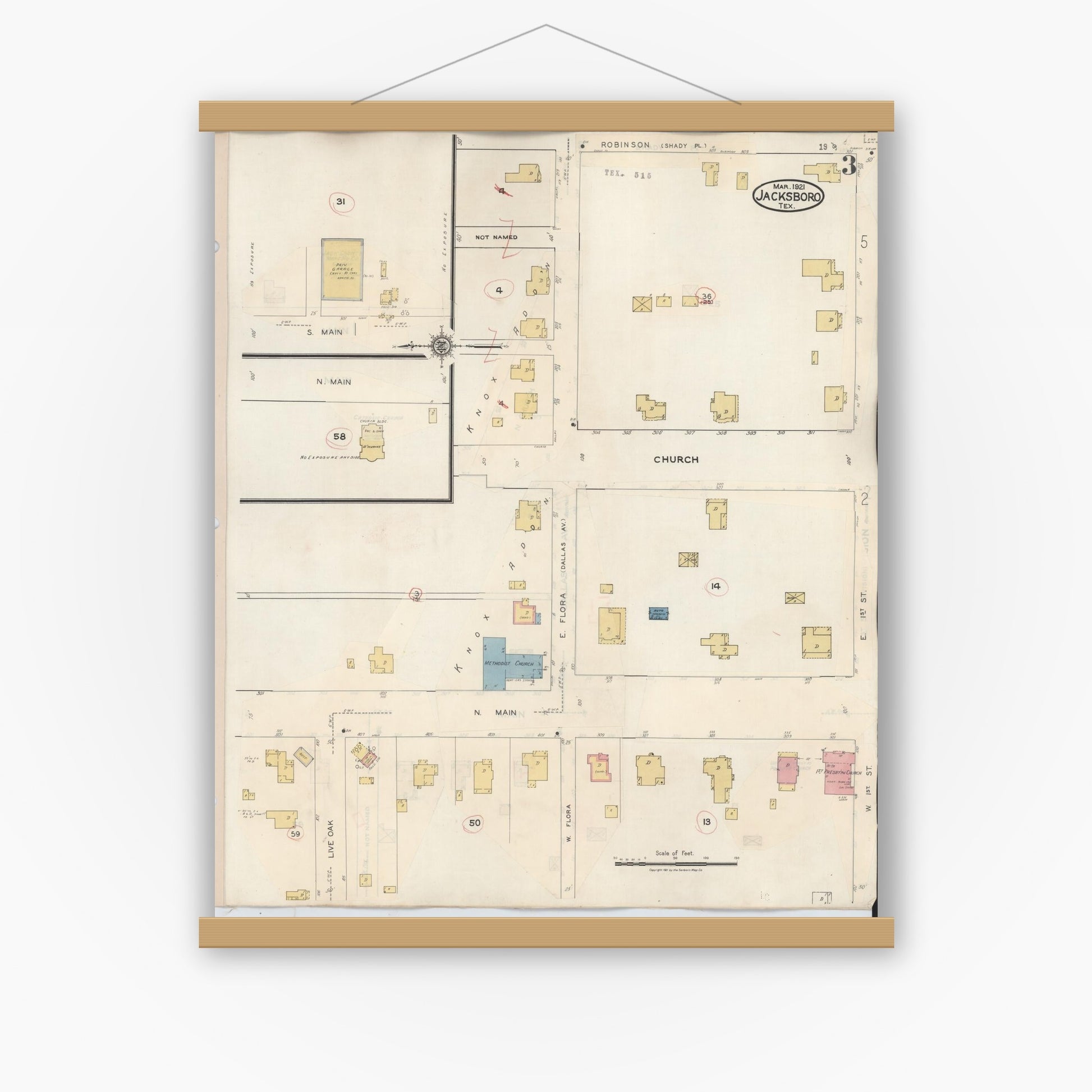 Old map wall art mockup — magnetic wood frame on white wall — Sanborn Fire Insurance Map from Jacksboro, Jack County, Texas (1942), Sheet #0003