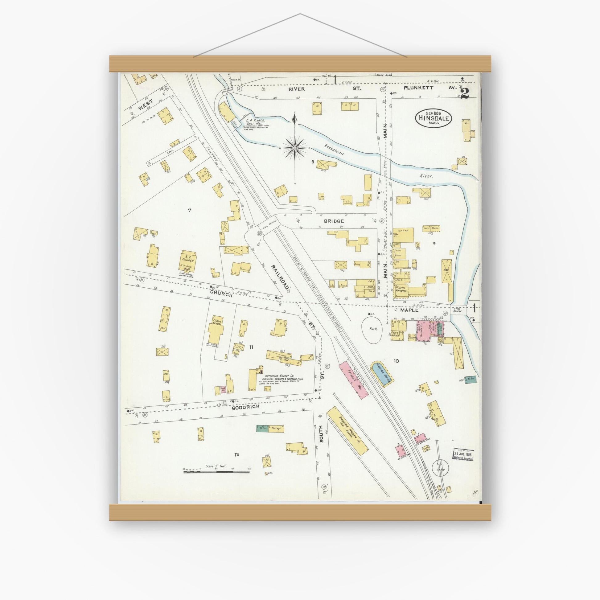 Old map wall art mockup — magnetic wood frame on white wall — Sanborn Fire Insurance Map from Hinsdale, Berkshire County, Massachusetts (1905), Sheet #0002