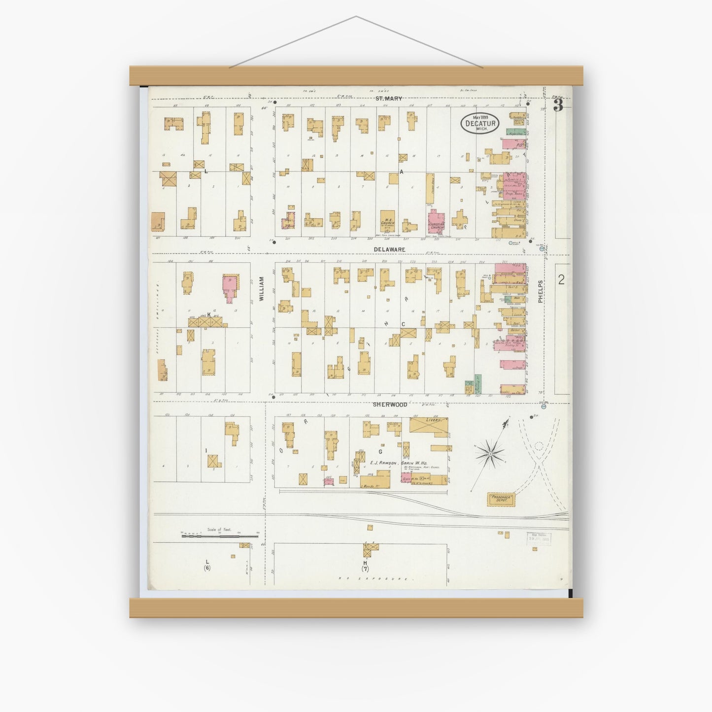 Old map wall art mockup — magnetic wood frame on white wall — Sanborn Fire Insurance Map from Decatur, Van Buren County, Michigan (1899), Sheet #0003