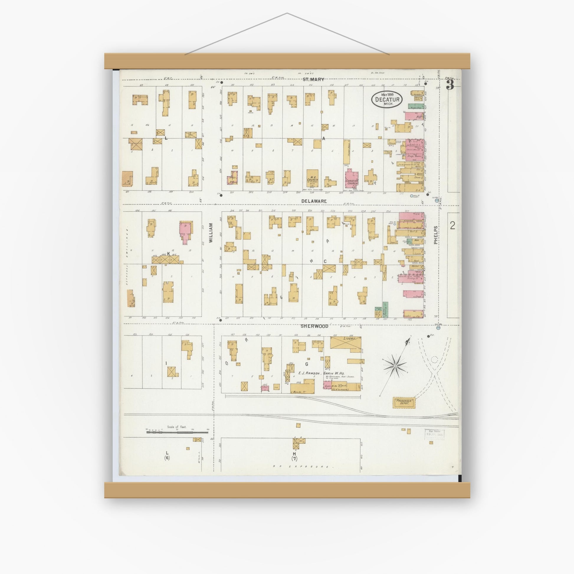 Old map wall art mockup — magnetic wood frame on white wall — Sanborn Fire Insurance Map from Decatur, Van Buren County, Michigan (1899), Sheet #0003
