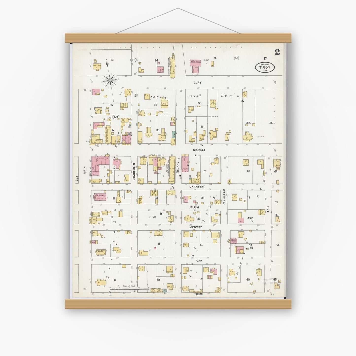 Old map wall art mockup — magnetic wood frame on white wall — Sanborn Fire Insurance Map from Troy, Madison County, Illinois (1899), Sheet #0002