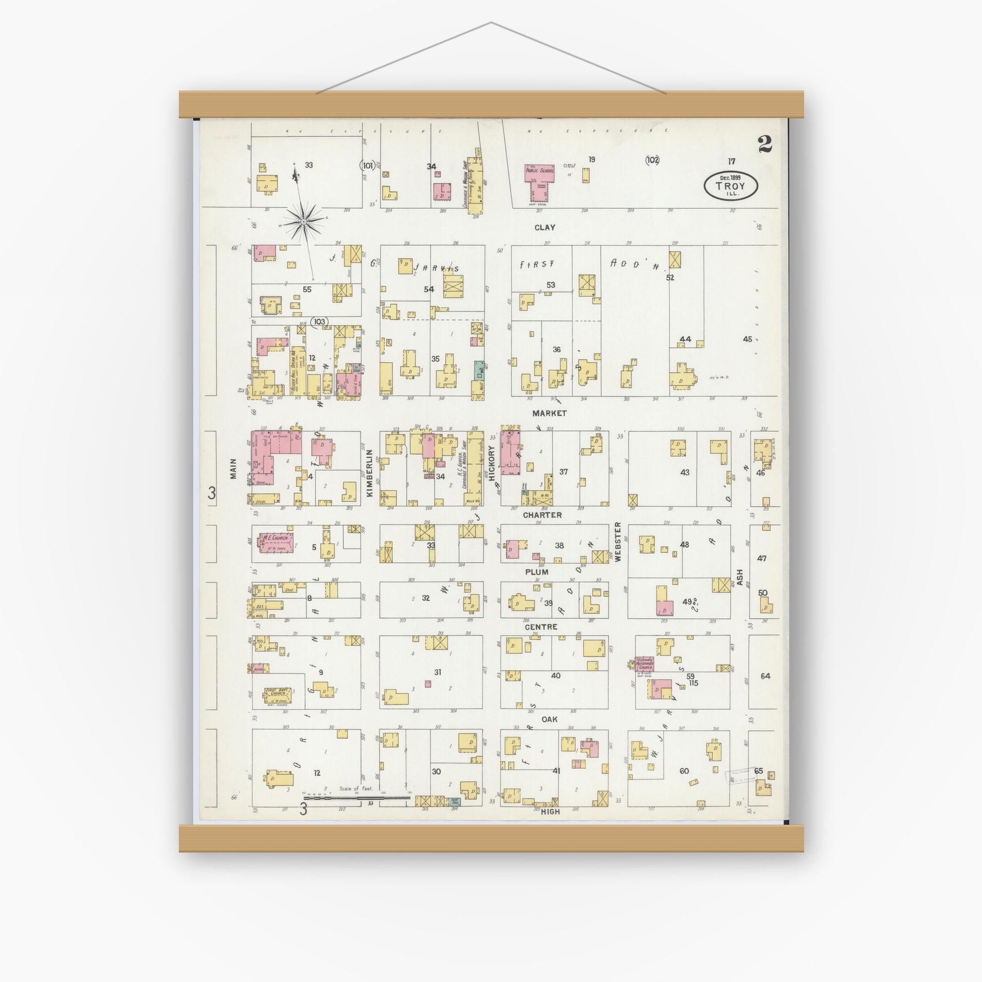Old map wall art mockup — magnetic wood frame on white wall — Sanborn Fire Insurance Map from Troy, Madison County, Illinois (1899), Sheet #0002