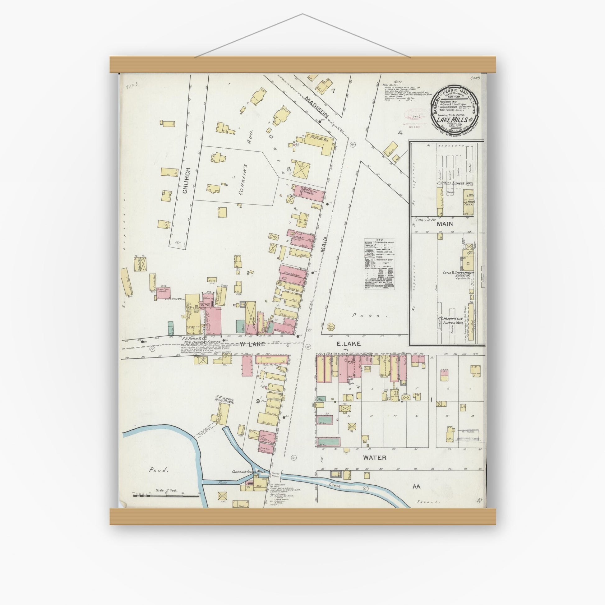 Old map wall art mockup — magnetic wood frame on white wall — Sanborn Fire Insurance Map from Lake Mills, Jefferson County, Wisconsin (1892), Sheet #0001