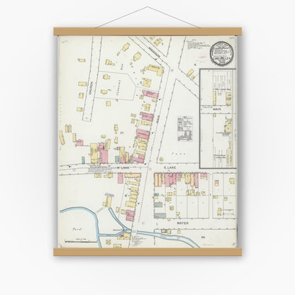 Old map wall art mockup — magnetic wood frame on white wall — Sanborn Fire Insurance Map from Lake Mills, Jefferson County, Wisconsin (1892), Sheet #0001