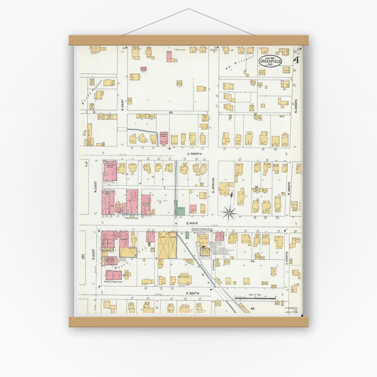 Old map wall art mockup — magnetic wood frame on white wall — Sanborn Fire Insurance Map from Greenfield, Hancock County, Indiana (1906), Sheet #0004
