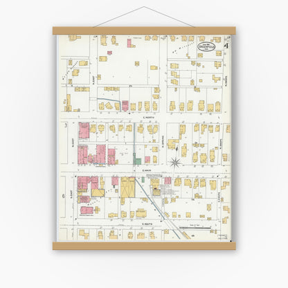 Old map wall art mockup — magnetic wood frame on white wall — Sanborn Fire Insurance Map from Greenfield, Hancock County, Indiana (1906), Sheet #0004