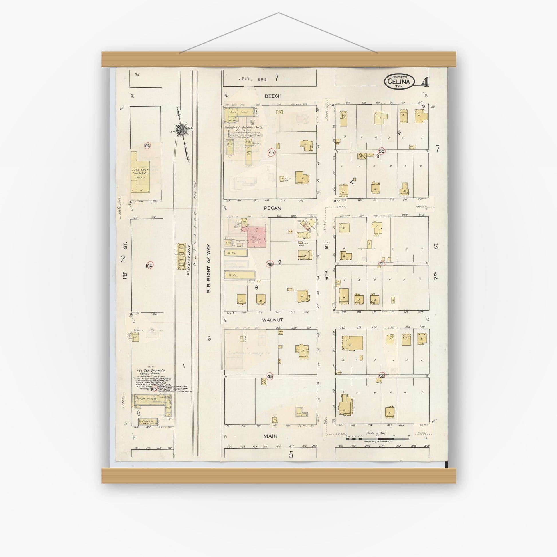 Old map wall art mockup — magnetic wood frame on white wall — Sanborn Fire Insurance Map from Celina, Collin County, Texas (1944), Sheet #0004