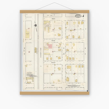 Old map wall art mockup — magnetic wood frame on white wall — Sanborn Fire Insurance Map from Celina, Collin County, Texas (1944), Sheet #0004