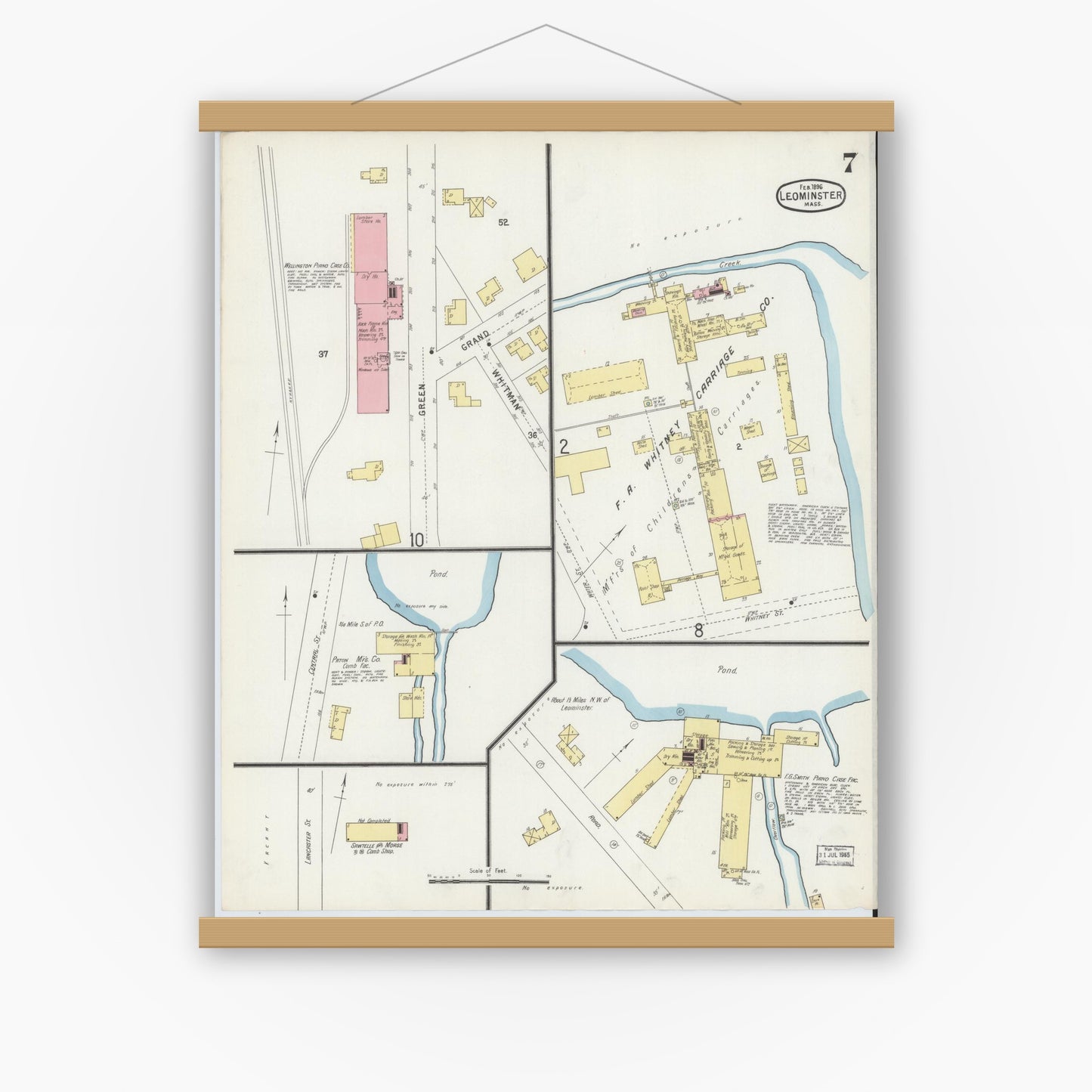 Old map wall art mockup — magnetic wood frame on white wall — Sanborn Fire Insurance Map from Leominster, Worcester County, Massachusetts (1896), Sheet #0007