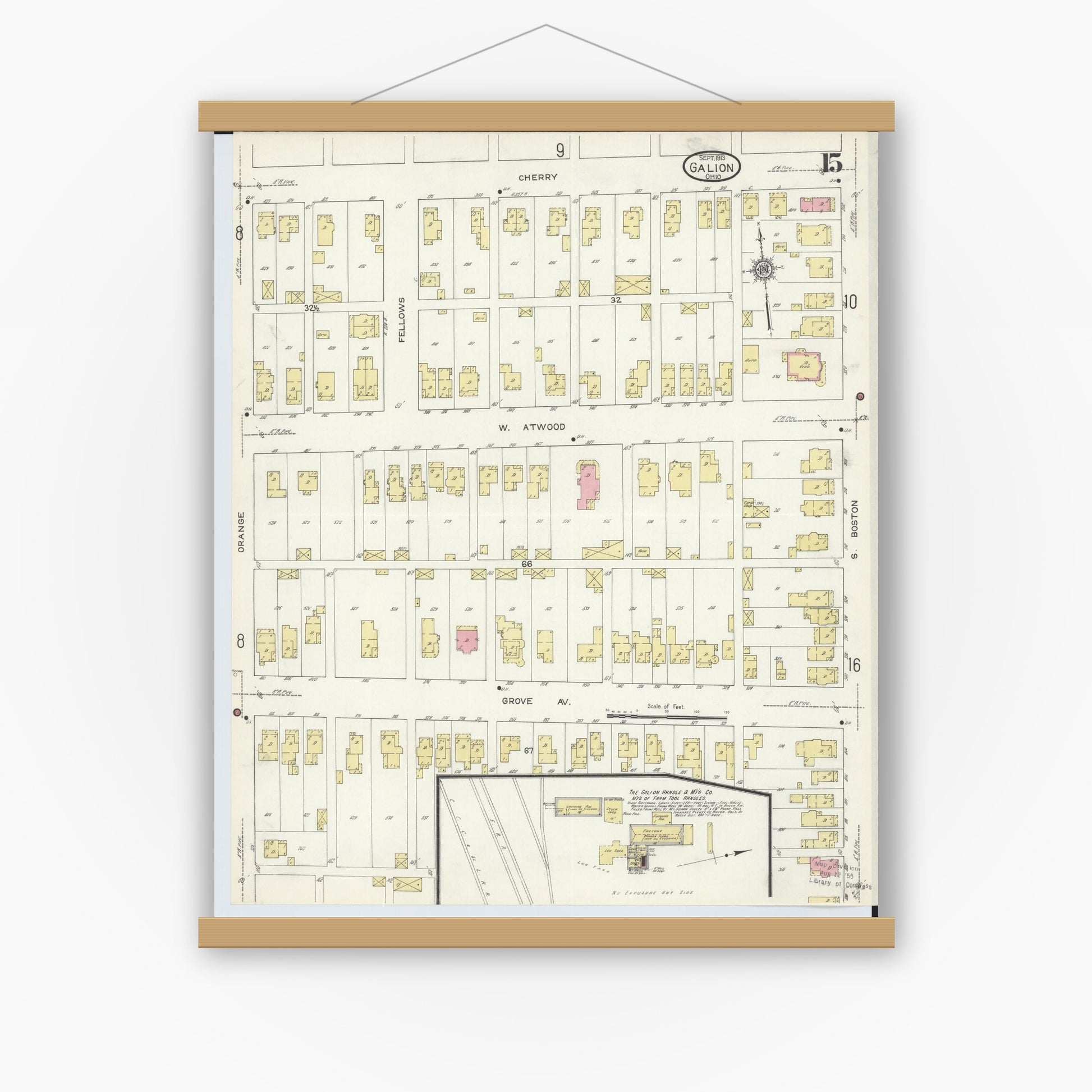 Old map wall art mockup — magnetic wood frame on white wall — Sanborn Fire Insurance Map from Galion, Crawford County, Ohio (1913), Sheet #0015