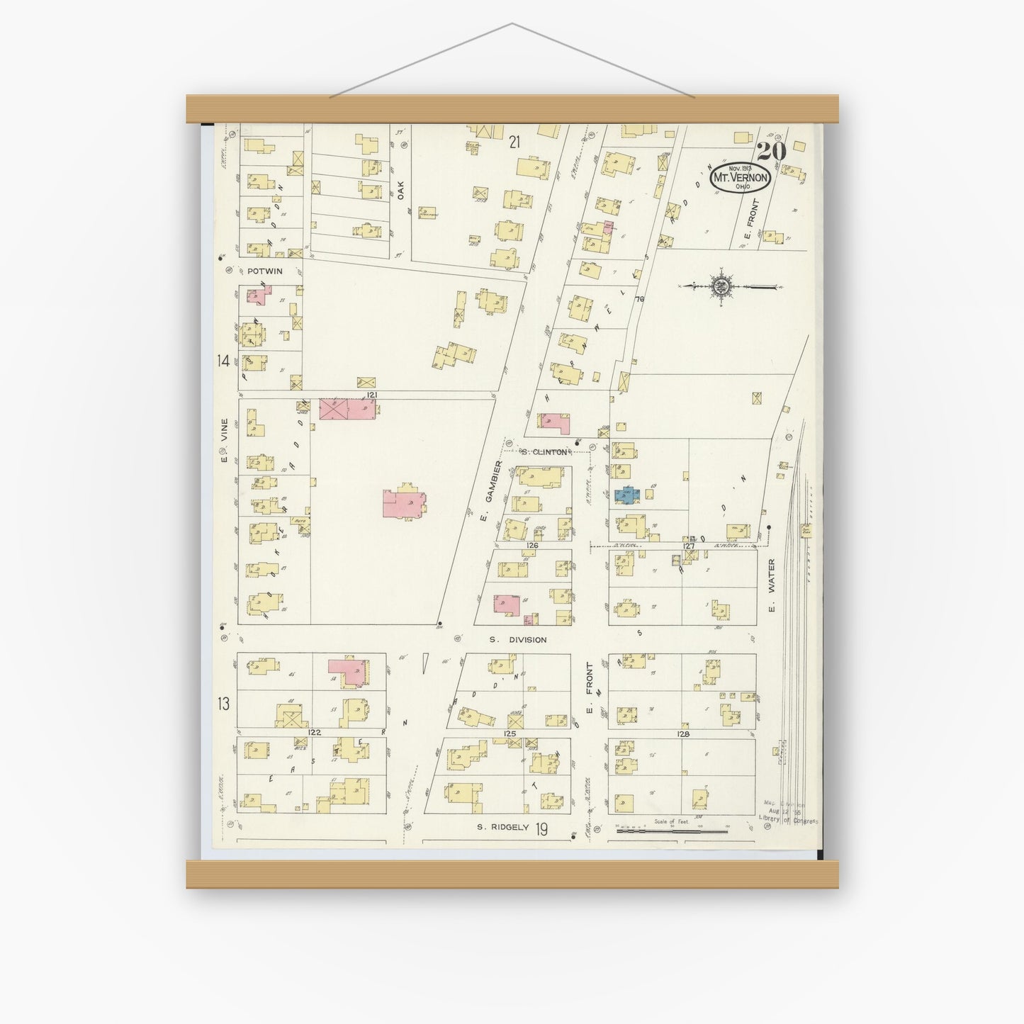 Old map wall art mockup — magnetic wood frame on white wall — Sanborn Fire Insurance Map from Mount Vernon, Knox County, Ohio (1913), Sheet #0020