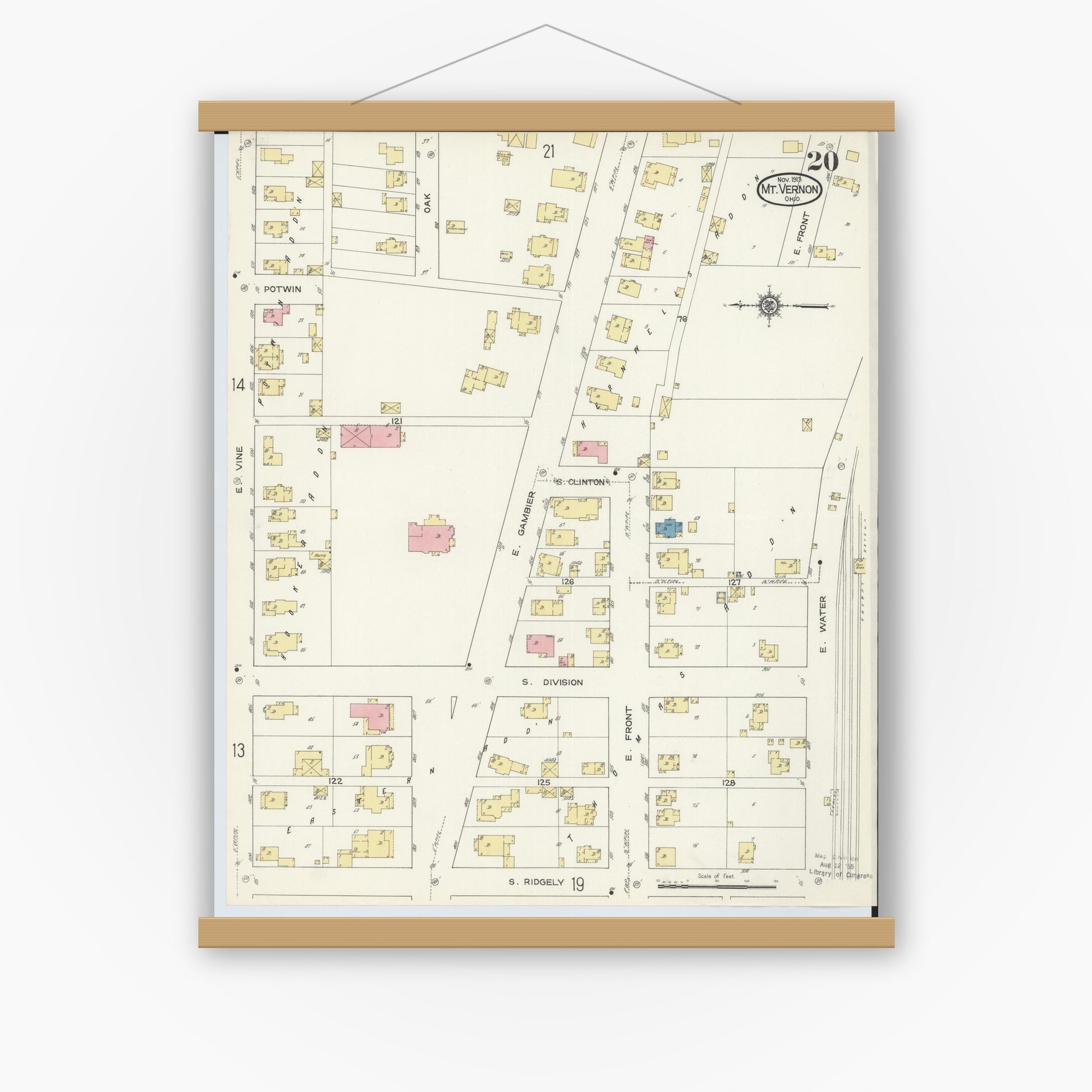 Old map wall art mockup — magnetic wood frame on white wall — Sanborn Fire Insurance Map from Mount Vernon, Knox County, Ohio (1913), Sheet #0020