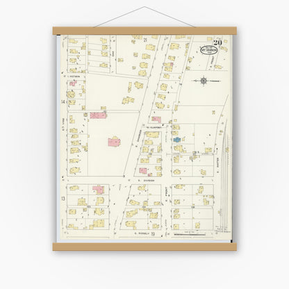 Old map wall art mockup — magnetic wood frame on white wall — Sanborn Fire Insurance Map from Mount Vernon, Knox County, Ohio (1913), Sheet #0020