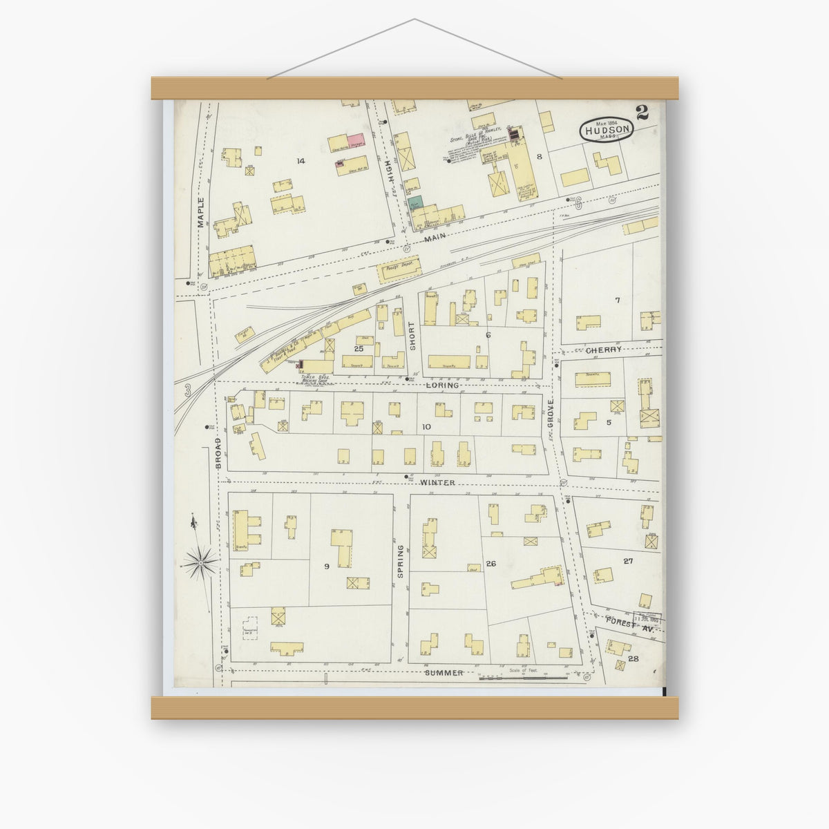 Old map wall art mockup — magnetic wood frame on white wall — Sanborn Fire Insurance Map from Hudson, Middlesex County, Massachusetts (1894), Sheet #0002