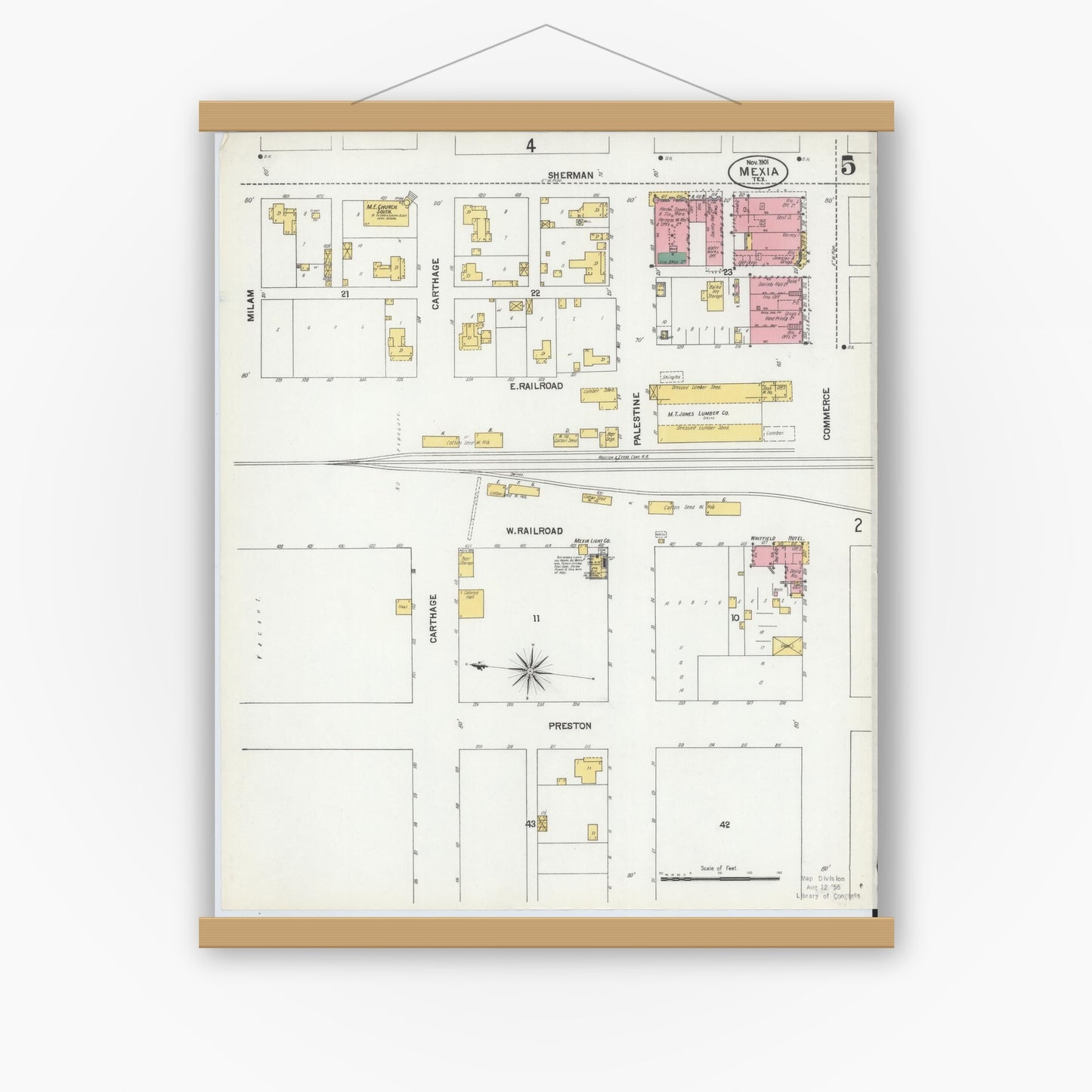 Old map wall art mockup — magnetic wood frame on white wall — Sanborn Fire Insurance Map from Mexia, Limestone County, Texas (1901), Sheet #0005