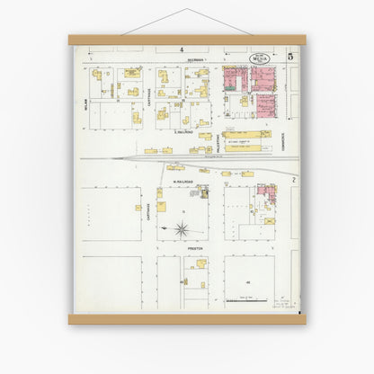 Old map wall art mockup — magnetic wood frame on white wall — Sanborn Fire Insurance Map from Mexia, Limestone County, Texas (1901), Sheet #0005
