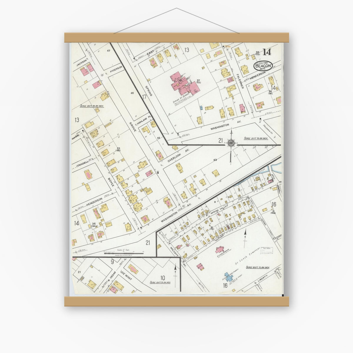 Old map wall art mockup — magnetic wood frame on white wall — Sanborn Fire Insurance Map from Beacon, Dutchess County, New York (1919), Sheet #0014