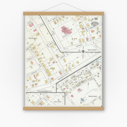 Old map wall art mockup — magnetic wood frame on white wall — Sanborn Fire Insurance Map from Beacon, Dutchess County, New York (1919), Sheet #0014